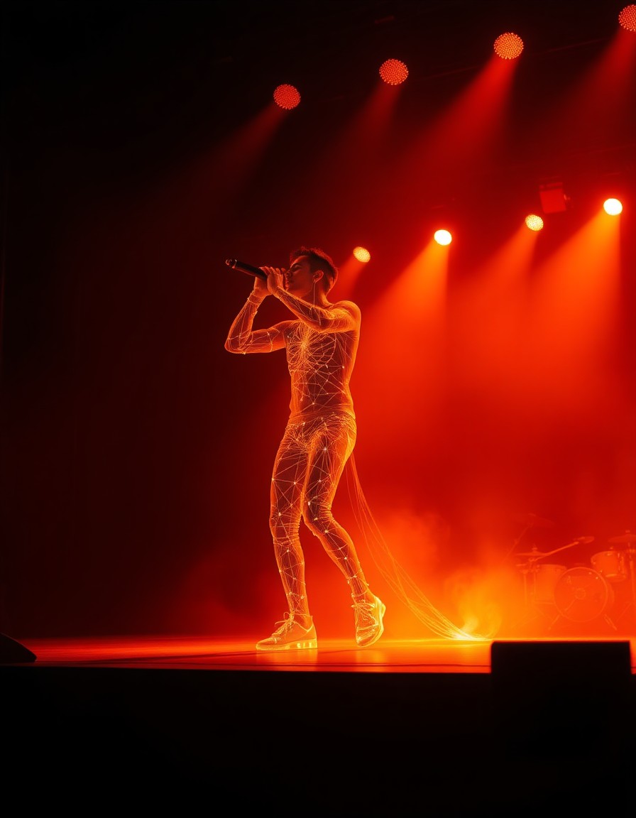 Artist performing with a live motion-capture overlay